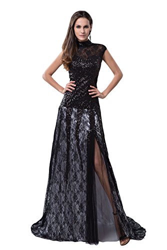 【Wonderfulドレス】夜空の星屑みたい優雅 冷静 フォーマルドレス ブラック ロング イブニングドレス パーティードレス 演奏会ドレス 披露宴/音楽会/発表会/カクテルドレス Aライン コートトレイン ハイネック スリット 4917