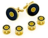 41XZJcmMlnL. SL160  Gold plated and black enamel cufflinks with a central crystal accent with presentation box