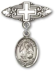 Sterling Silver Baby Badge with St. Albert the Great Charm and Badge Pin with Cross. Saint Albert the Great Is the Patron Saint of Scientists & Philosophers.