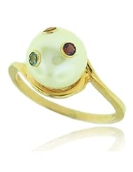 14k Yellow Gold Pearl Set With Multi Colored Gemstone Ring, Birthstone of June