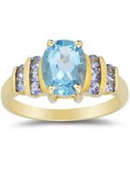 2.35 Cts Swiss Blue Topaz & 0.30 Cts Tanzanite Ring in 14K Yellow Gold