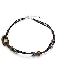 Sterling Silver 9-11mm Dark Multi Freshwater Pearl with 4 Strands Brown Leather with Wood Hoop Necklace 18"+2" Extended Chain Necklace. Secured with Sterling Silver Lobster-claw-clasp.