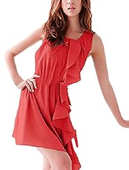Elasticized   Waistline Sleeveless Round Neck Chiffon  Mini Dress  With Ruffles