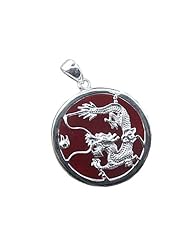 Red Jade Dragons Fury Pendant with Solid Bezel, 925 Sterling Silver