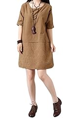 Round Neck Elbow Length Sleeves Cotton/Linen  Dress