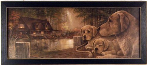 Yellow Lab & Puppies Lake Cabin Art Decor Framed Print