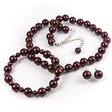 Red Satin-Finish 10mm Glass Pearl Necklace, Bracelet and Earrings Set by Margot Townsend