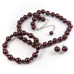 Red Satin-Finish 10mm Glass Pearl Necklace, Bracelet and Earrings Set by Margot Townsend
