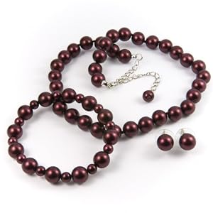 Red Satin-Finish 10mm Glass Pearl Necklace, Bracelet and