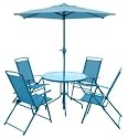 Alfresia Round Textoline Patio Set with Parasol/ 6 Pc Textoline Furniture Set In Blue