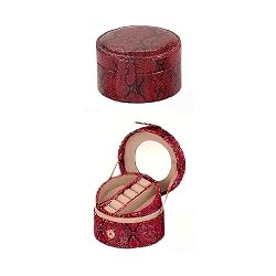 Red Faux Snake Skin Round Jewelry Box With Removable Tray and Mirror