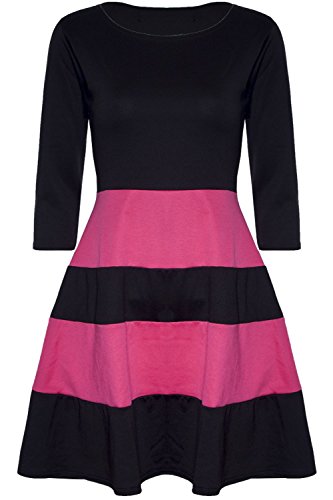 Oops Outlet Women's 3/4 Sleeve Blocks Striped Panel Flared Skater Dress Oops Outlet Women's 3/4 Sleeve Blocks Striped Panel Flared Skater Dress