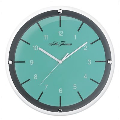Seth Thomas Cayman White Plastic Case Teal Dial with Glass Cover Round Wall Clock