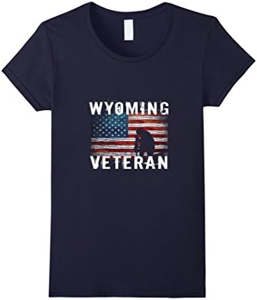 Women's Wyoming Veteran T-shirt, US Flag and Soldier Shirt Small Navy