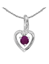 10k White Gold Round Ruby And Diamond Heart Pendant with 16" Chain