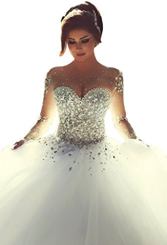 Sweety bridal Gorgeous 2016 Pearls Beading Long Sleeves Ball Wedding Dresses for Bride White Custom Size