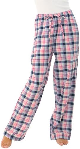 Del Rossa Women's 100% Cotton Flannel Pajama Pants - Sleep Bottoms, Medium Pink and Blue Plaid (A0708P31MD)