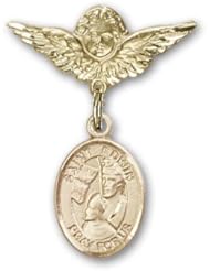 14K Gold Baby Badge with St. Edwin Charm and Angel with Wings Badge Pin