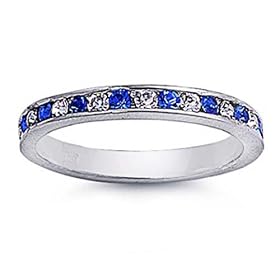 Rhodium Plated Sterling Silver Wedding &amp; Engagement Ring ?Blue Sapphire / Clear CZ Channel set Eternity Ring 3MM ( Size 4 to 12) Size 4: Jewelry