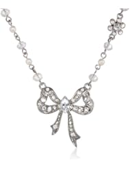Betsey Johnson "Stone & Pearl" Crystal Bow Pendant Necklace, 19"