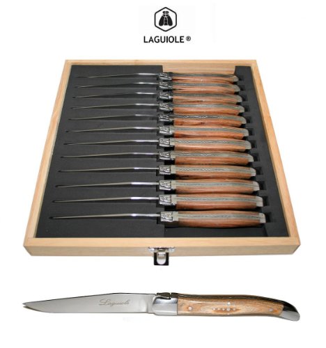 Authentic Laguiole� - 12 Steak Knives - Olive Wood - Sharp Smooth 2.5 mm Blade - With Famous Shepherd's Cross on Handles (Original Genuine Laguiole - Quality Family Olivewood Table Flatware/cutlery Dinner Set Setting - Direct From France) On Sale
