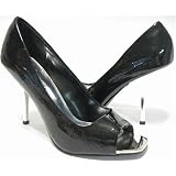 Black Sexy Peep Toe Pumps Chrome Heels Womens at 4everfunky