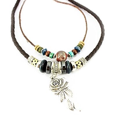 Real Spark Rose Pendant Turquoise Beads Wowen Leather Rope Tribal Necklace