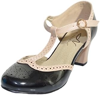 Vintage Brogue T-Strap Swing Shoe (Black Beige, 7)