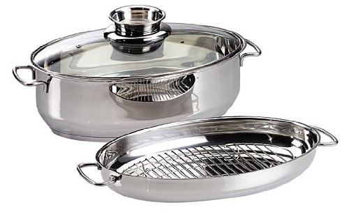 41XbzCiyqhL ELO 99038 Stainless Steel 15 Inch By 10 Inch Oval Aromatic Multi Roaster with Glass Lid / Pan and Stewing Tray
