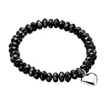 Elements Sterling Silver Ladies B3923B Black Faceted Bead Stretch Bracelet with Heart Charm