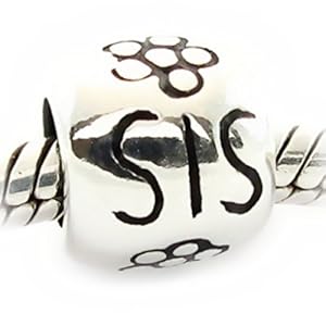 Solid Sterling Silver Sis with Flowers Sister Bead Charm for 3mm Snake Chain Bracelets