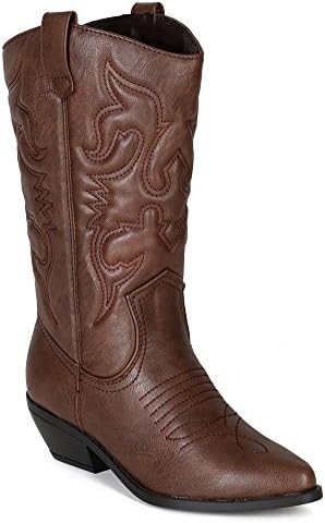 Soda BE52 Leatherette Women Embroidered Pointy Toe Cowboy Boot - Tan (Size: 5.5)