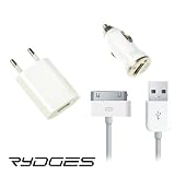 Produkt-Bild: Rydges&reg; RMT-KFZ01 Auto Ladeger&auml;t Netzteil Komplett - SET f&uuml;r Apple iPhone 4 / 4S / 3G / 3GS iPod + USB Sync Kabel Datenkabel / Ladekabel