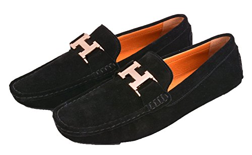 Fulinken Mens Leather Slip-on Casual Buckle Loafer Driving Mens Car Shoes Moc Shoes (12 D(M) US, Black-gold H)