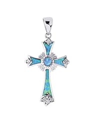 Silver With Rhodium Finish Diamond Cut 20X30mm Fancy Cross Pendant With Created Opal