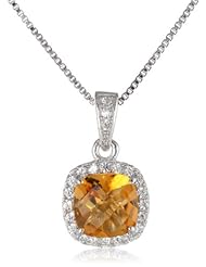 Sterling Silver Checkboard Cushion Cut Created White Sapphire Halo Pendant Necklace, 18"