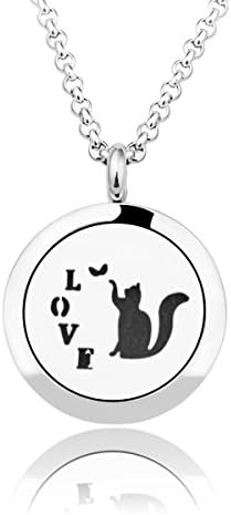 Eudora Lovely Cat Aromatherapy Essential Oil Perfume Diffuser Locket Pendant Necklace 20'' Chain &amp; 6 Pads Black