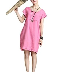 Shift Above the Knee Cotton/Linen Scoop Neck Short Sleeves  Dress