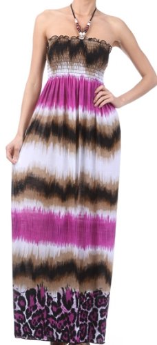 Leopard Trim Multicolor Stripe Graphic Print Beaded Halter Smocked Bodice Long / Maxi Dress ( 2 Colors ) - Clearance Sale ! Discount