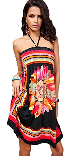 Honeystore Women's Boho Sunflower Print Summer Island Beach Casual Dress Black M