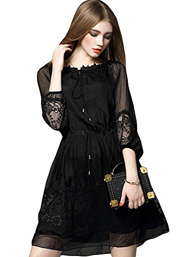 (a la mode)アラモード 大人 エレガント 高級 シルク Aライン シャツ レース バルーンスリーブ ドレス ワンピース レディース 七分袖 お呼ばれ 結婚式 二次会 yuj01