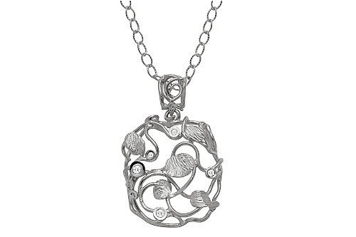 14K White Gold Labyrinth of Life Matte Pendant, Enhanced with Bezel Set Diamonds, Sliding on a 16'' Open-link Hammered-Finish Chain Necklace. (0.10 c.t.t.w., GH-Color, SI-Clarity).