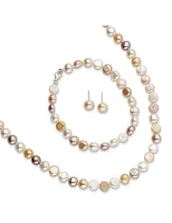 Sterling Silver Multicolor FW Cultured Pearl Earring/Bracelet/Necklace Set