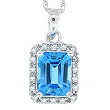 1.65ct Emerald Cut Blue Topaz and Diamond Gemstone Pendant in 10Kt White Gold w chain