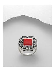 Red Resin Marcasite Ring In 92.5 Sterling Silver