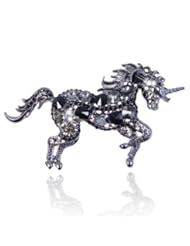 Black-Tone Running Unicorn Brooch Austrian Crystal Vintage Style