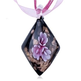 Pink Flower Black Diamond Dichroic Murano Glass Pendant Valentine Days Gift