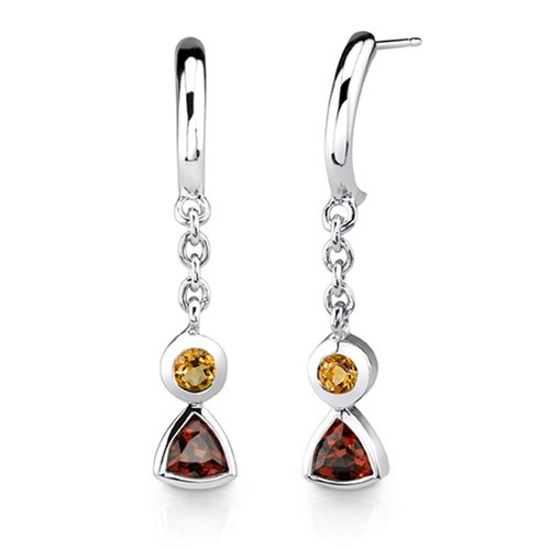Round Trillion Citrine Garnet Dangling Earrings Sterling Silver