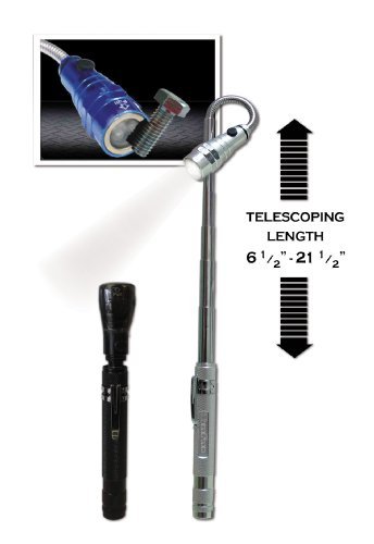 Extendable/Telescoping 3 LED Work Light Flashlight and Magnetic Pickup Tool with Flexible Neck - Black