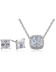 Sterling Silver Cubic Zirconia Cushion Cut Pendant Necklace and Earrings Set